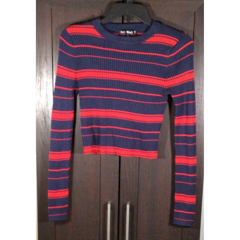 Say What Womens Ribbed Knit Striped Cropped Long Sleeve Top Navy Red 90s Y2K M